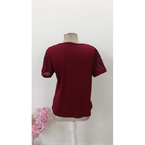 Kadın Kısa Kollu V Yakalı Dantel Detaylı Viskon Bluz , 31473