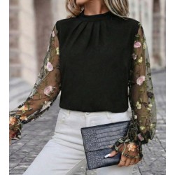 Kadın Uzun Kollu Yarı Balıkçı Yaka Tül Detaylı Ithal Krep Bluz , 31469