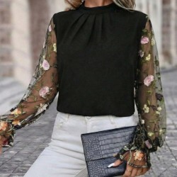 Kadın Uzun Kollu Yarı Balıkçı Yaka Tül Detaylı Ithal Krep Bluz , 31469