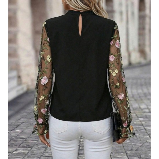 Kadın Uzun Kollu Yarı Balıkçı Yaka Tül Detaylı Ithal Krep Bluz , 31469