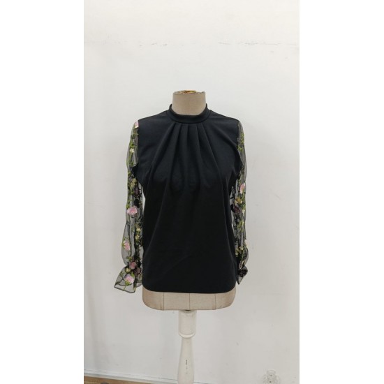 Kadın Uzun Kollu Yarı Balıkçı Yaka Tül Detaylı Ithal Krep Bluz , 31469