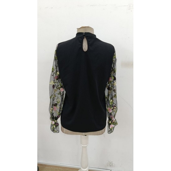 Kadın Uzun Kollu Yarı Balıkçı Yaka Tül Detaylı Ithal Krep Bluz , 31469