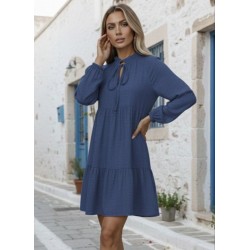 Kadın Uzun Kollu Yakadan Bağcıklı Fırfırlı Keten Mini Elbise , 31467