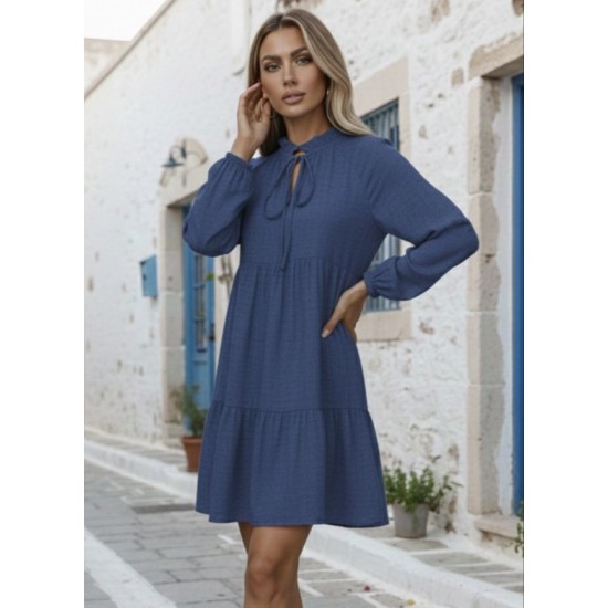 Kadın Uzun Kollu Yakadan Bağcıklı Fırfırlı Keten Mini Elbise , 31467