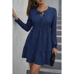 Kadın Uzun Kollu Yakadan Bağcıklı Fırfırlı Keten Mini Elbise , 31467 Kadın Uzun Kollu Yakadan Bağcıklı Fırfırlı Keten Mini Elbise , 31467