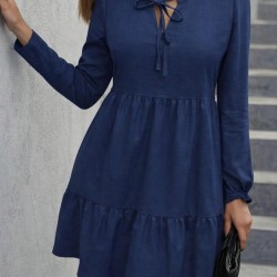 Kadın Uzun Kollu Yakadan Bağcıklı Fırfırlı Keten Mini Elbise , 31467