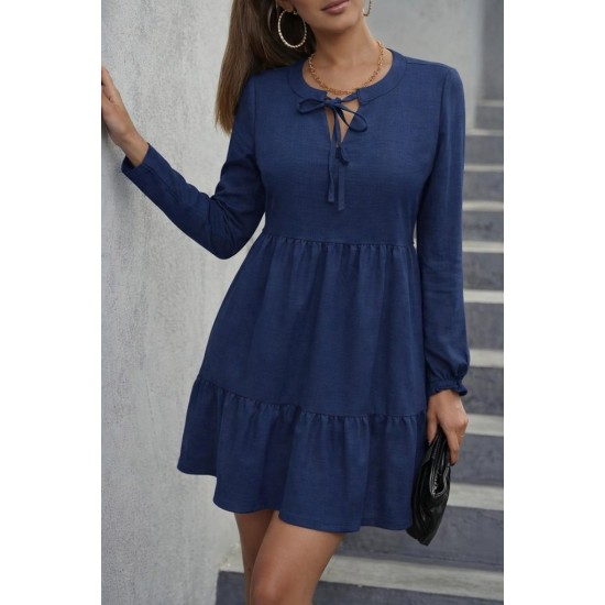 Kadın Uzun Kollu Yakadan Bağcıklı Fırfırlı Keten Mini Elbise , 31467