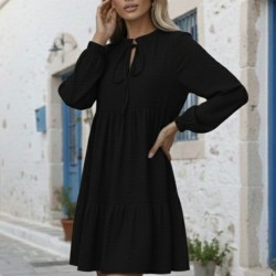 Kadın Uzun Kollu Yakadan Bağcıklı Fırfırlı Keten Mini Elbise , 31466