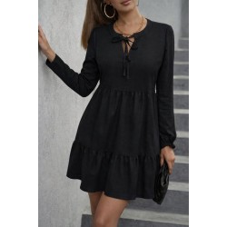 Kadın Uzun Kollu Yakadan Bağcıklı Fırfırlı Keten Mini Elbise , 31466 Kadın Uzun Kollu Yakadan Bağcıklı Fırfırlı Keten Mini Elbise , 31466