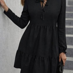 Kadın Uzun Kollu Yakadan Bağcıklı Fırfırlı Keten Mini Elbise , 31466