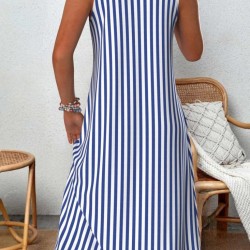 Kadın V Yakalı Askılı çizgili Midi örme Viskon Elbise , 31465