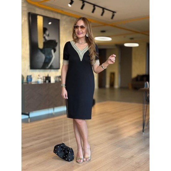 Kadın Kısa Kollu V Dantel Yaka Viskon Iki Iplik Elbise , 31463