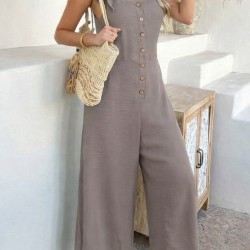 Kadın Askılı Yuvarlak Yakalı Kuş Gözü Detaylı önden Düğmeli Aerobin Tulum, 31460