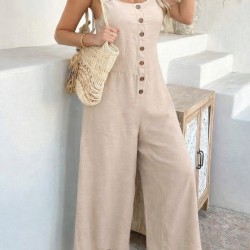 Kadın Askılı Yuvarlak Yakalı Kuş Gözü Detaylı önden Düğmeli Aerobin Tulum, 31459