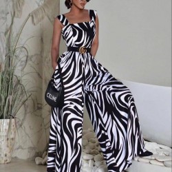 Kadın Askılı Kare Yakalı Desenli Kemersiz Uzun Süprem Tulum , 31482