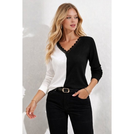 Kadın Uzun Kollu V Yakalı çift Renkli Triko Bluz, 31485