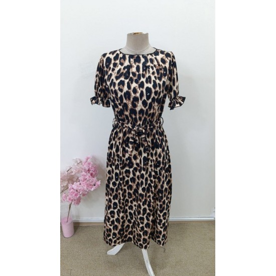 Kadın Kısa Kollu Yakalı Belden Kuşaklı Leopar Desenli Midi Süprem Elbise , 31483 Kadın Kısa Kollu Yakalı Belden Kuşaklı Leopar Desenli Midi Süprem Elbise , 31483