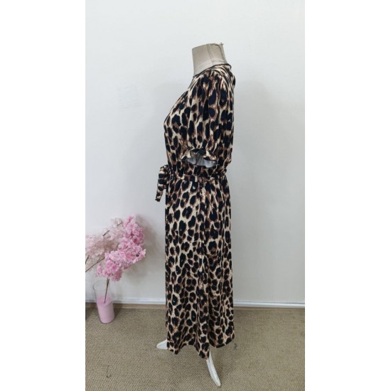 Kadın Kısa Kollu Yakalı Belden Kuşaklı Leopar Desenli Midi Süprem Elbise , 31483 Kadın Kısa Kollu Yakalı Belden Kuşaklı Leopar Desenli Midi Süprem Elbise , 31483