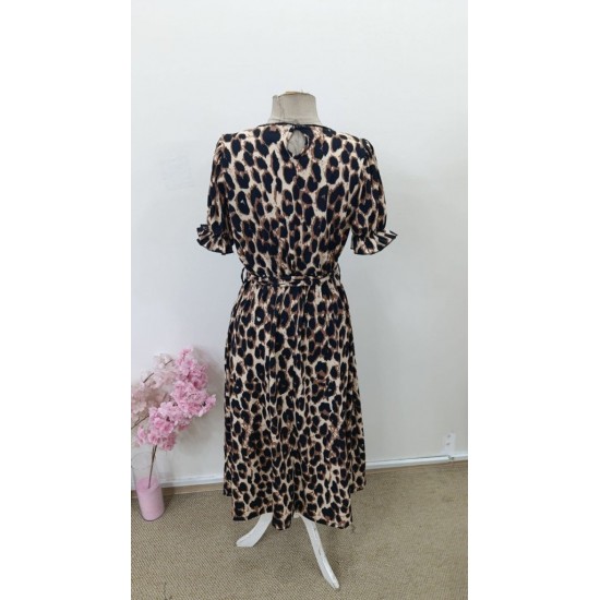 Kadın Kısa Kollu Yakalı Belden Kuşaklı Leopar Desenli Midi Süprem Elbise , 31483 Kadın Kısa Kollu Yakalı Belden Kuşaklı Leopar Desenli Midi Süprem Elbise , 31483