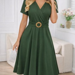 Kadın Kısa Kollu Kruvaze Yakalı önden Toka Detaylı Kısa Viskon Elbise, 31489 Kadın Kısa Kollu Kruvaze Yakalı önden Toka Detaylı Kısa Viskon Elbise, 31489