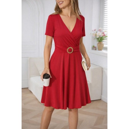 Kadın Kısa Kollu Kruvaze Yakalı önden Toka Detaylı Kısa Viskon Elbise, 31488