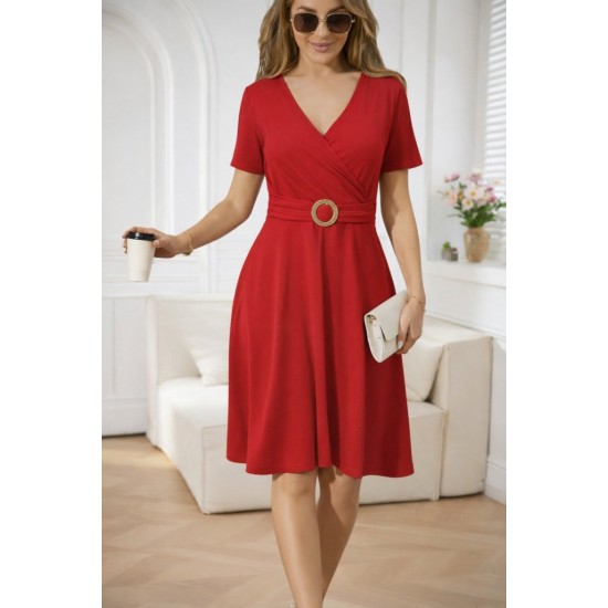 Kadın Kısa Kollu Kruvaze Yakalı önden Toka Detaylı Kısa Viskon Elbise, 31488