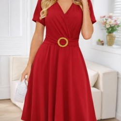 Kadın Kısa Kollu Kruvaze Yakalı önden Toka Detaylı Kısa Viskon Elbise, 31488 Kadın Kısa Kollu Kruvaze Yakalı önden Toka Detaylı Kısa Viskon Elbise, 31488