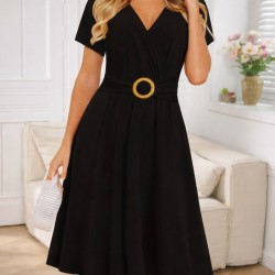 Kadın Kısa Kollu Kruvaze Yakalı önden Toka Detaylı Kısa Viskon Elbise, 31486 Kadın Kısa Kollu Kruvaze Yakalı önden Toka Detaylı Kısa Viskon Elbise, 31486