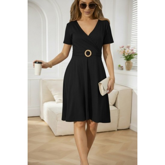 Kadın Kısa Kollu Kruvaze Yakalı önden Toka Detaylı Kısa Viskon Elbise, 31486