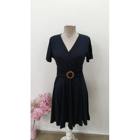 Kadın Kısa Kollu Kruvaze Yakalı önden Toka Detaylı Kısa Viskon Elbise, 31486