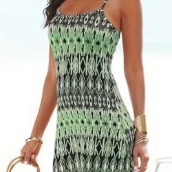 Kadın Ip Askılı V Yakalı Uzun Desenli Süprem Elbise, 31506