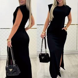 Kadın Kısa Kollu Vatkalı Cep Detaylı Yırtmaçlı Viskon Uzun Elbise, 31499 Kadın Kısa Kollu Vatkalı Cep Detaylı Yırtmaçlı Viskon Uzun Elbise, 31499