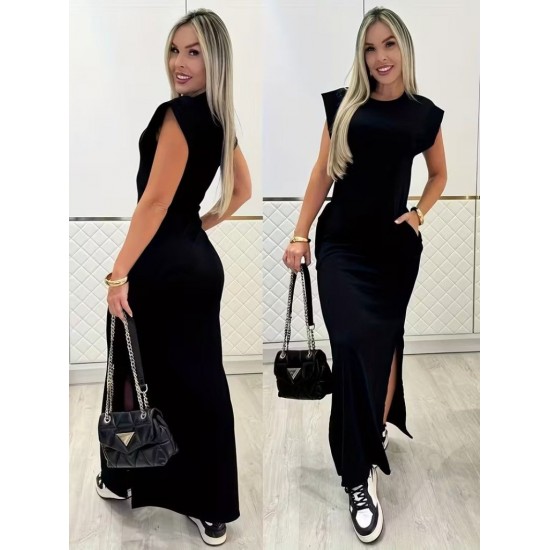 Kadın Kısa Kollu Vatkalı Cep Detaylı Yırtmaçlı Viskon Uzun Elbise, 31499 Kadın Kısa Kollu Vatkalı Cep Detaylı Yırtmaçlı Viskon Uzun Elbise, 31499