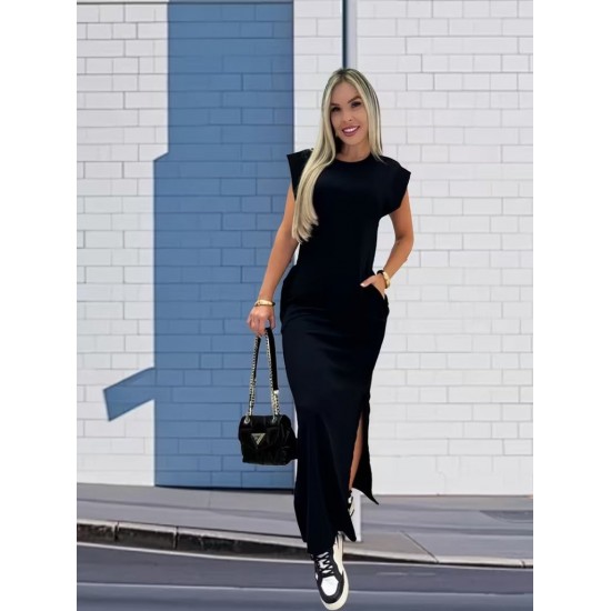 Kadın Kısa Kollu Vatkalı Cep Detaylı Yırtmaçlı Viskon Uzun Elbise, 31499 Kadın Kısa Kollu Vatkalı Cep Detaylı Yırtmaçlı Viskon Uzun Elbise, 31499