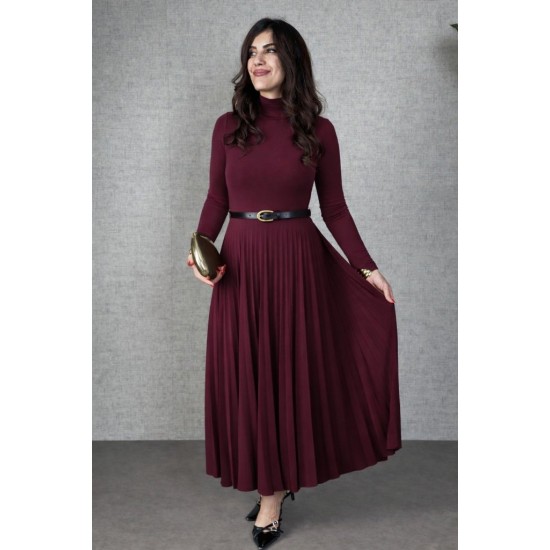 Kadın Uzun Kollu Balıkçı Yaka Kemersiz Pileli Uzun Sandy Elbise , 31496