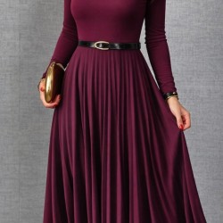 Kadın Uzun Kollu Balıkçı Yaka Kemersiz Pileli Uzun Sandy Elbise , 31496