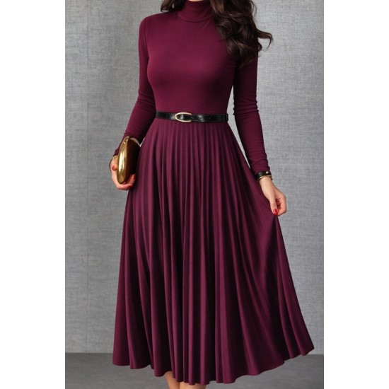 Kadın Uzun Kollu Balıkçı Yaka Kemersiz Pileli Uzun Sandy Elbise , 31496