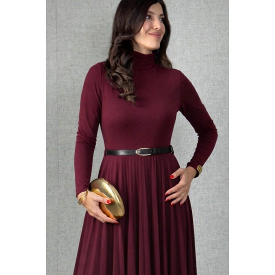 Kadın Uzun Kollu Balıkçı Yaka Kemersiz Pileli Uzun Sandy Elbise , 31496