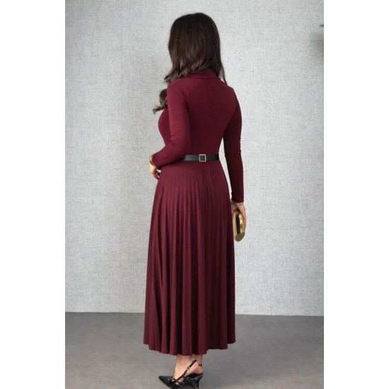 Kadın Uzun Kollu Balıkçı Yaka Kemersiz Pileli Uzun Sandy Elbise , 31496