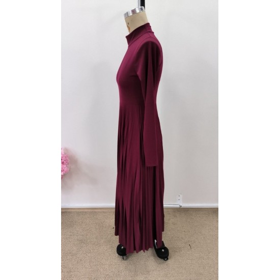 Kadın Uzun Kollu Balıkçı Yaka Kemersiz Pileli Uzun Sandy Elbise , 31496