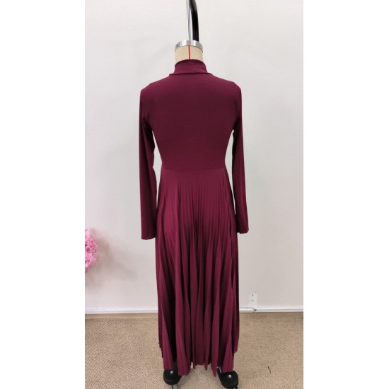 Kadın Uzun Kollu Balıkçı Yaka Kemersiz Pileli Uzun Sandy Elbise , 31496