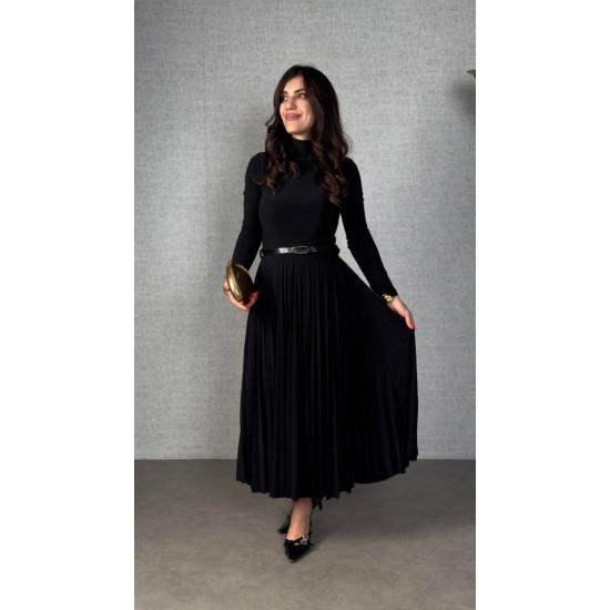 Kadın Uzun Kollu Balıkçı Yaka Kemersiz Pileli Uzun Sandy Elbise , 31494