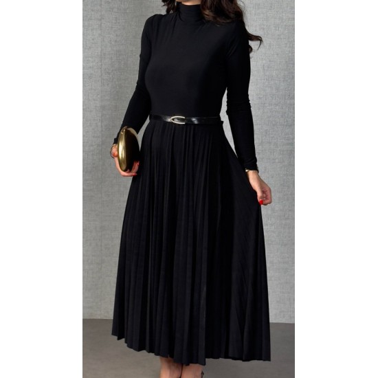 Kadın Uzun Kollu Balıkçı Yaka Kemersiz Pileli Uzun Sandy Elbise , 31494