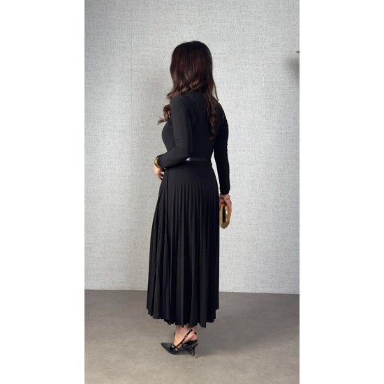 Kadın Uzun Kollu Balıkçı Yaka Kemersiz Pileli Uzun Sandy Elbise , 31494