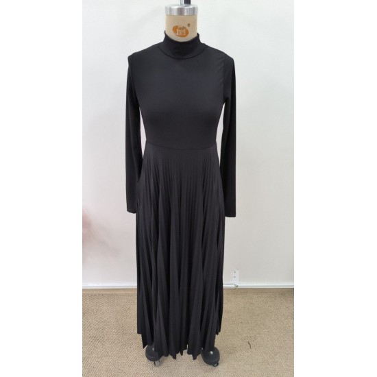 Kadın Uzun Kollu Balıkçı Yaka Kemersiz Pileli Uzun Sandy Elbise , 31494