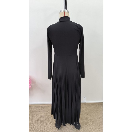 Kadın Uzun Kollu Balıkçı Yaka Kemersiz Pileli Uzun Sandy Elbise , 31494