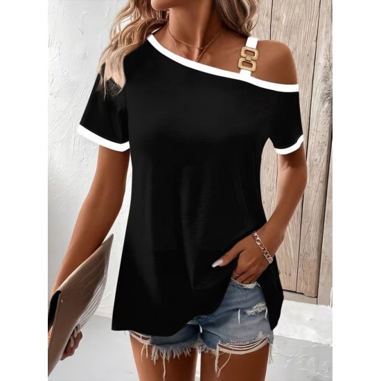 Kadın Kısa Kollu Tek Omuzu Açık Askı Toka Detaylı Viskon Bluz, 31512 Kadın Kısa Kollu Tek Omuzu Açık Askı Toka Detaylı Viskon Bluz, 31512