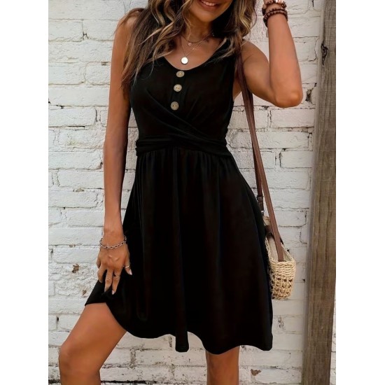 Kadın Askılı Yuvarlak Yakalı Düğme Detaylı Kısa Viskon Elbise , 31527