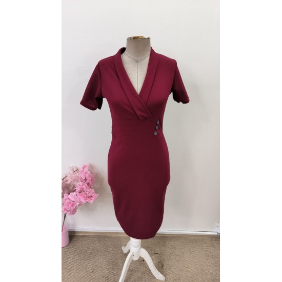 Kadın Kısa Kollu Kruvaze Yakalı Yandan Düğmeli Ithal Krep Elbise , 31524