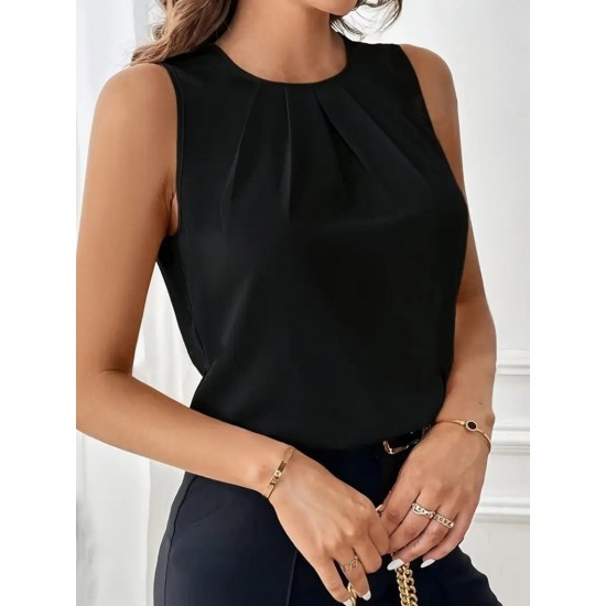 Kadın Sıfır Kollu Bisiklet Yaka önden Pileli Atlas Bluz, 31522